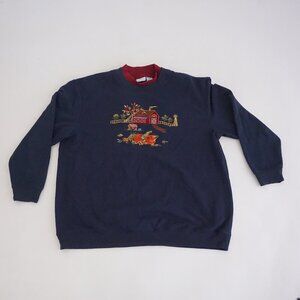 Vintage Bobbie Brooks Navy Barn Pumpkins Fall Leaves Embroidered Sweatshirt XL